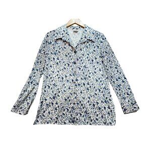 Vintage Montgomery Ward Floral Button-Up Blouse Womens Size 18 Blue White Casual
